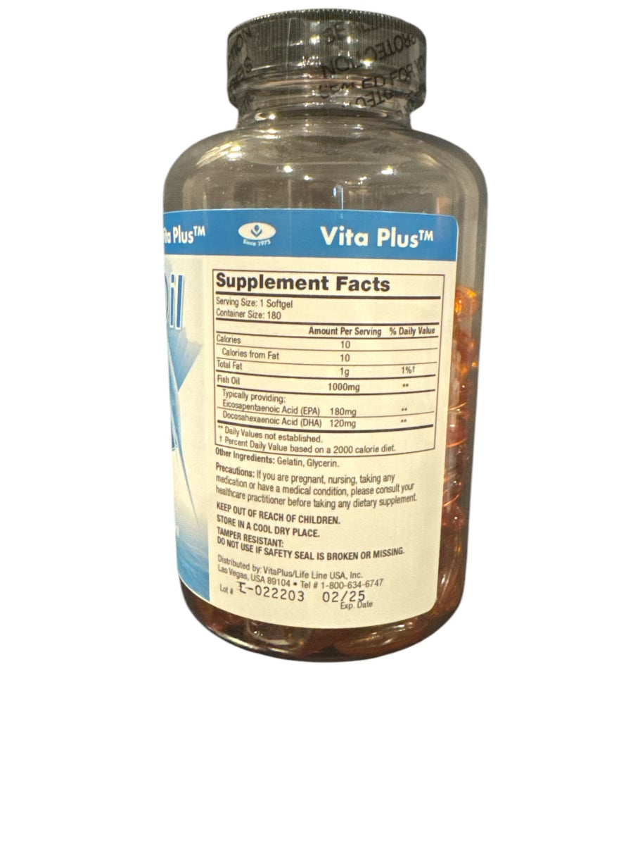 Fish Oil (Omega 3 and 6 essential fatty acids) 1000 mg 180 softgels