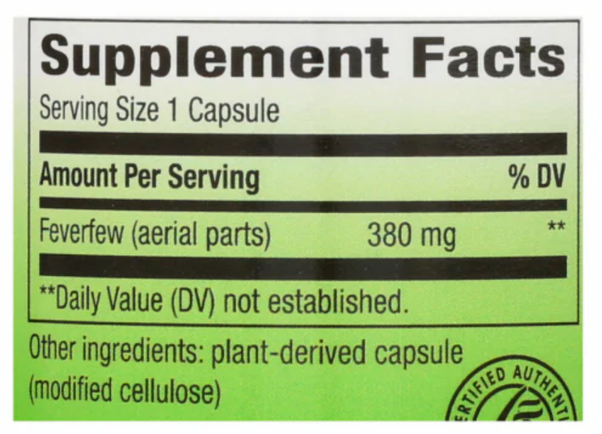 Feverfew 380 mg (FEV12) 100 vcaps